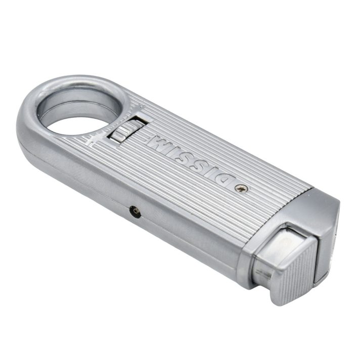 Slim Torch Lighter with a sleek silver metal body refillable butane lighter (shown with vent on the side)