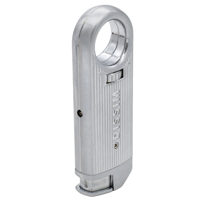 Slim Torch Lighter with a sleek silver metal body with refill vent on the side