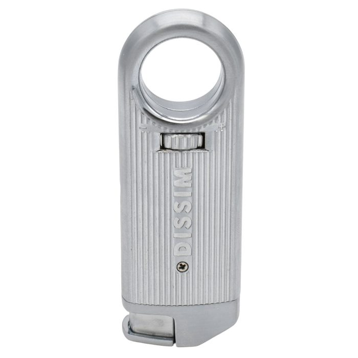 Slim Torch Lighter with a sleek silver metal body - side with Dissim logo
